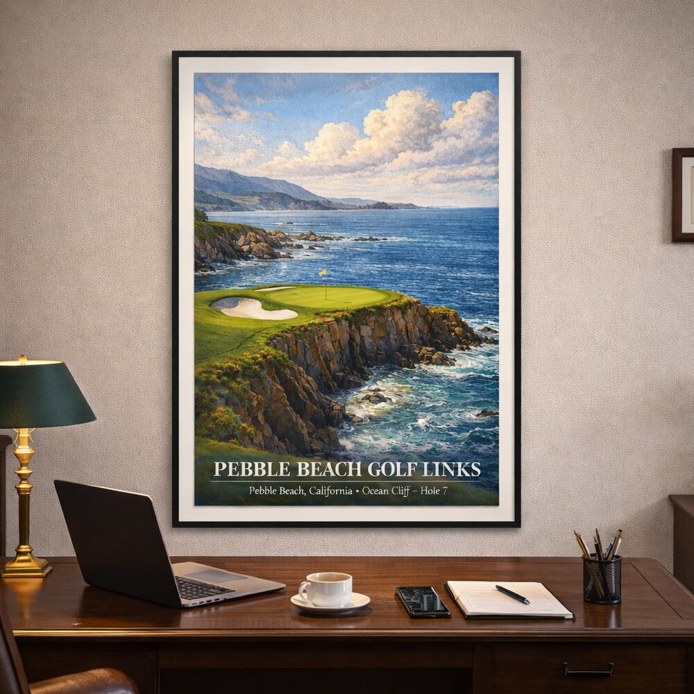 Pebble Beach Golf Links Framed Art 13×19 | Iconic Ocean Cliff Hole | Golf Wall